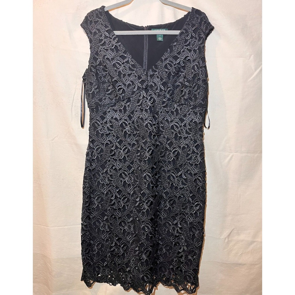 Ralph Lauren Womens SZ 14 Lace‎ Sheath Dress Black Long Zip Back Q43